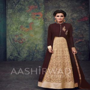 Hi-Fashion Semi-Stitched Embroidered Brown Salwar kameez