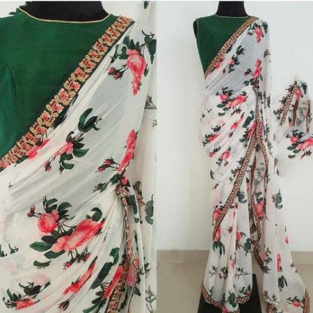 Aagyeyi Sensational White Floral Printed Sarees