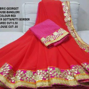 Paper Gota Patti Border Red With Pipin Georgette Sarees
