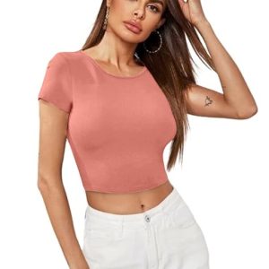 Women Short Sleeves Rose Peach Crop Top