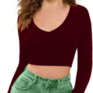 Women V-Neck Maroon Crop Top