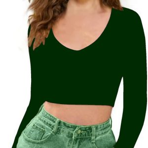 Women V-Neck Dark Green Crop Top