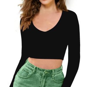Women V-Neck Black Crop Top