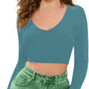 Women V-Neck Blue Crop Top