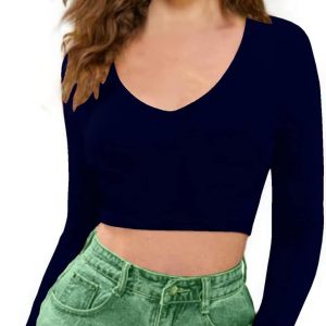 Women V-Neck Navy Blue Crop Top