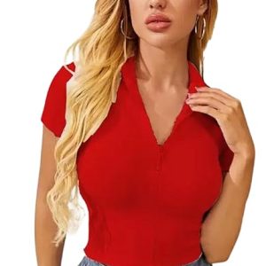 Women Collar V-Neck Red Crop Top