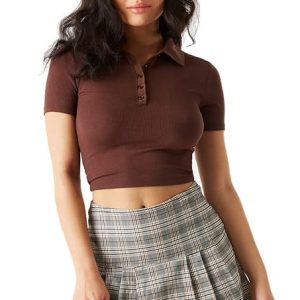 Women Ribbed Button Up Chocolate Crop Top
