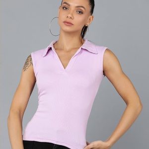 Women Collared Neck Lilac Crop Top