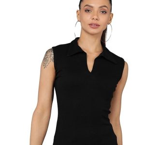 Women Collared Neck Black Crop Top