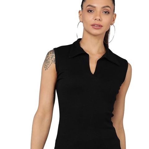 Women Collared Neck Black Crop Top