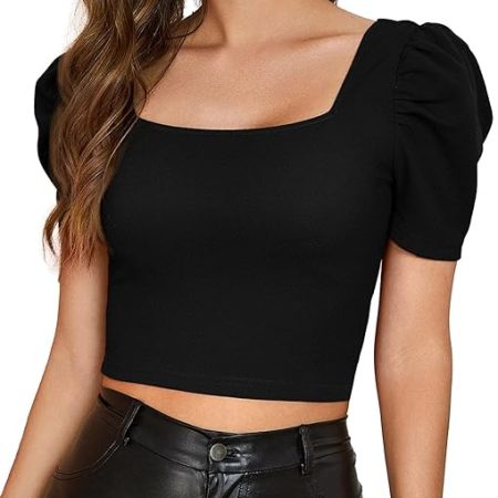 Women Puff Sleeve Black Crop Top