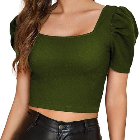 Women Puff Sleeve Mehndi Crop Top