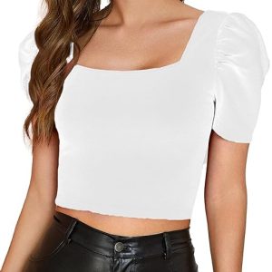 Women Puff Sleeve White Crop Top