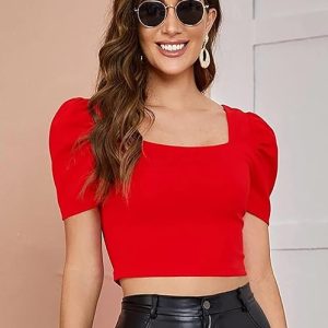 Women Puff Sleeve Red Crop Top