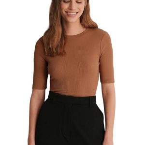 Women Round Neck Solid Coffee Brown Top