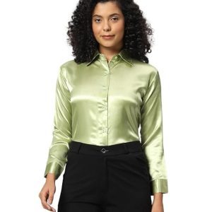 Women Formal Satin Pista Green Shirt