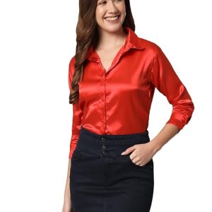 Women Formal Satin Red Shirt