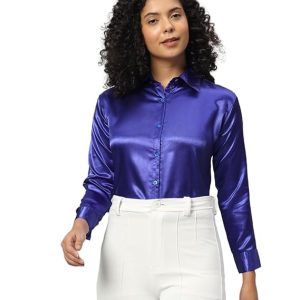 Women Formal Satin Royal Blue Shirt