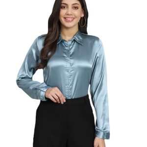 Women Formal Satin Light Blue Shirt