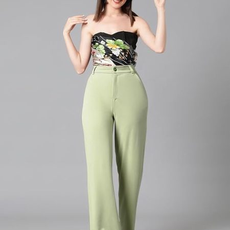Women's High Rise Saga Green Cotton Fit Trousers