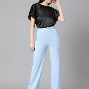 Women's High Rise Sky Blue Cotton Fit Trousers