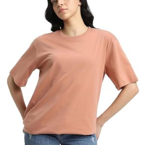 Pure Cotton Women Half Sleeve Beige T-Shirt