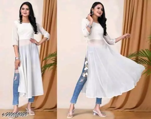 Classy White Women Georgette A-Line Kurti - Image 2