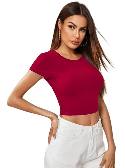 Women Short Sleeves Pink Crop Top - Image 3