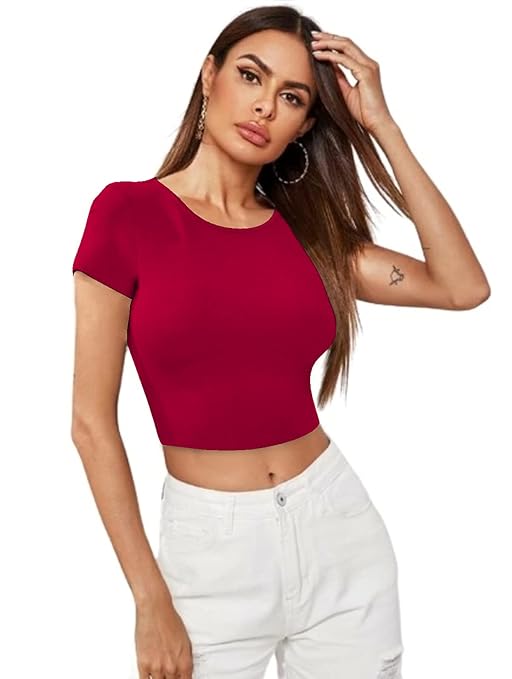 Women Short Sleeves Pink Crop Top