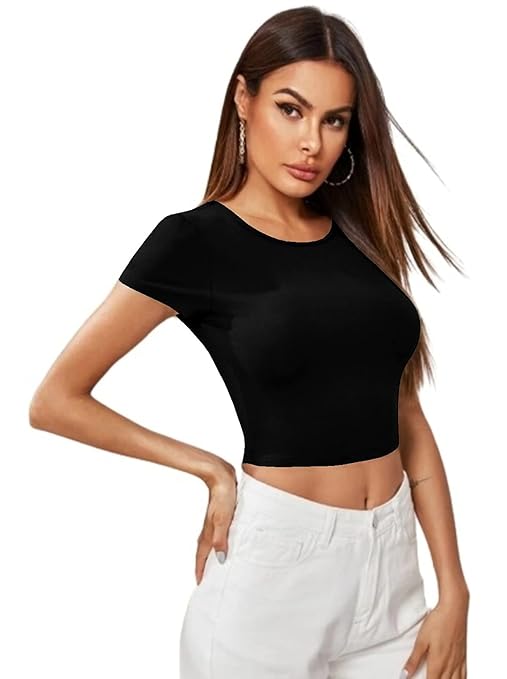 Women Short Sleeves Black Crop Top - Image 3