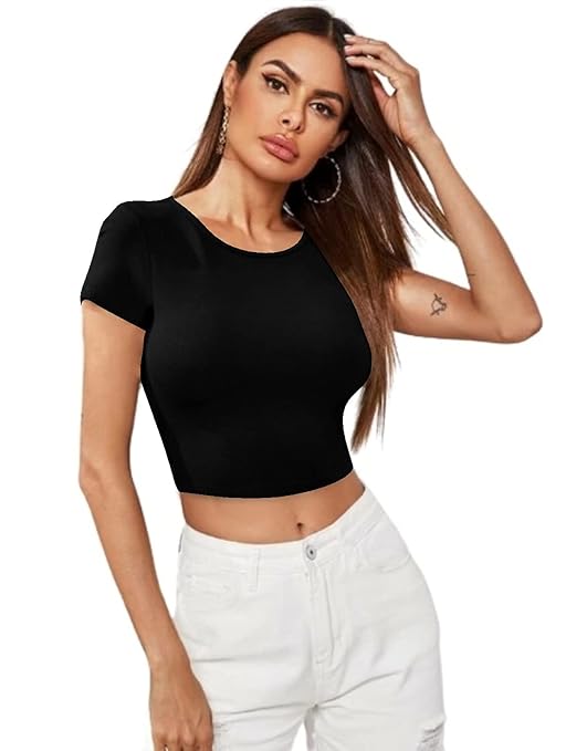 Women Short Sleeves Black Crop Top