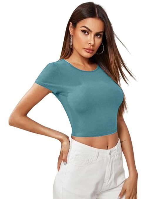 Women Short Sleeves Blue Crop Top - Image 3