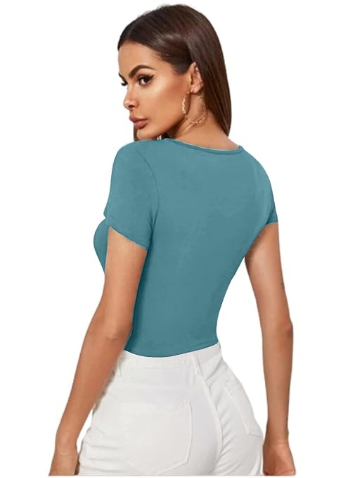 Women Short Sleeves Blue Crop Top - Image 2