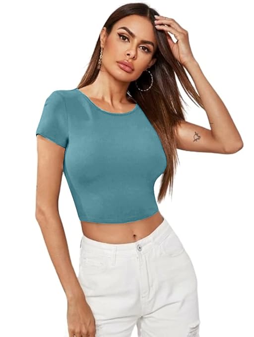 Women Short Sleeves Blue Crop Top