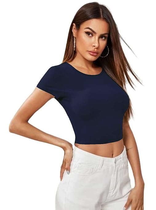 Women Short Sleeves Navy Blue Crop Top - Image 3