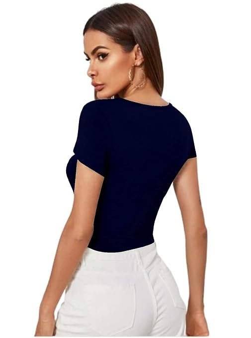 Women Short Sleeves Navy Blue Crop Top - Image 2