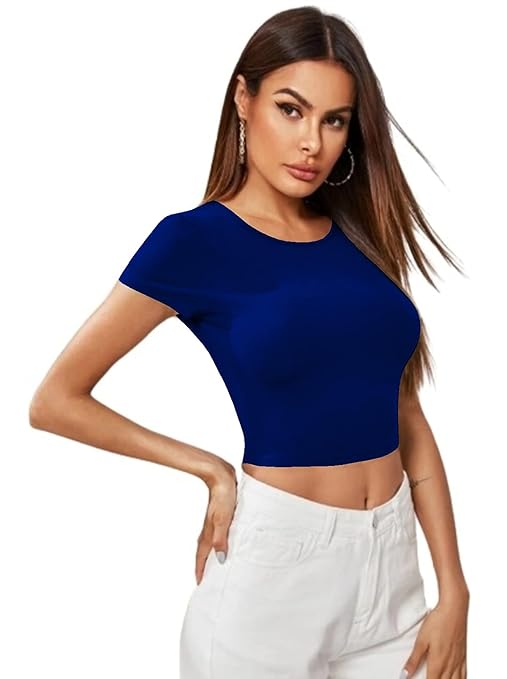 Women Short Sleeves Royal Blue Crop Top - Image 3
