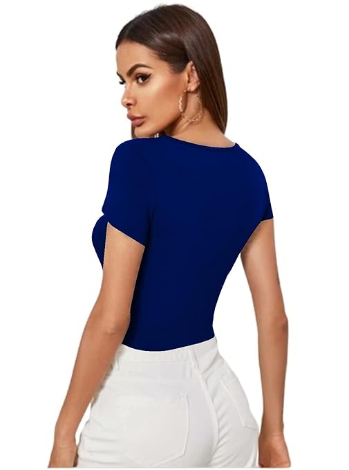 Women Short Sleeves Royal Blue Crop Top - Image 2