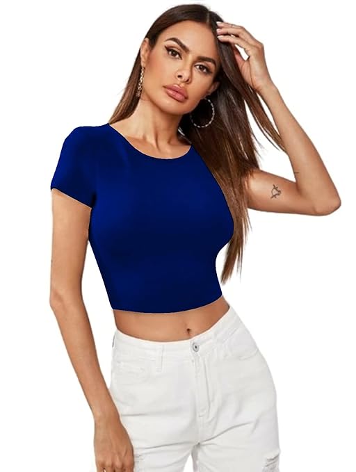 Women Short Sleeves Royal Blue Crop Top