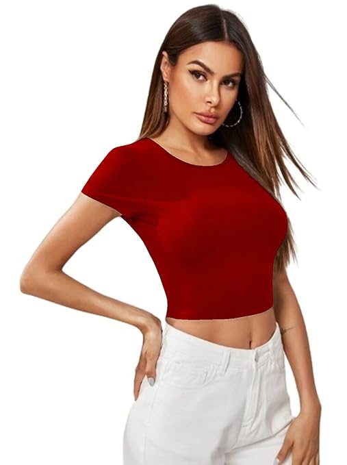Women Short Sleeves Red Crop Top - Image 3