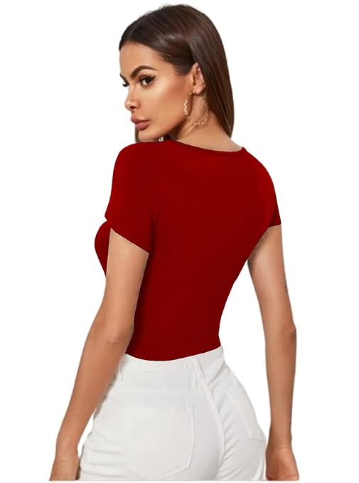 Women Short Sleeves Red Crop Top - Image 2