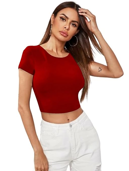 Women Short Sleeves Red Crop Top