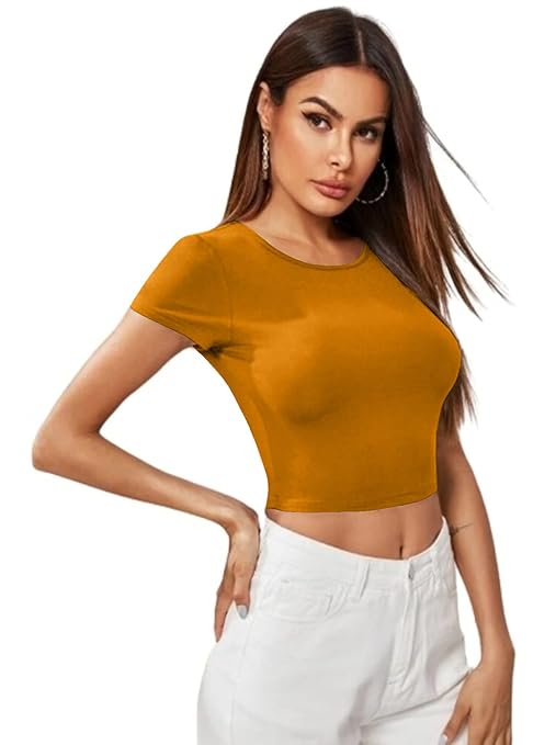 Women Short Sleeves Turmeric Yellow Crop Top - Image 3