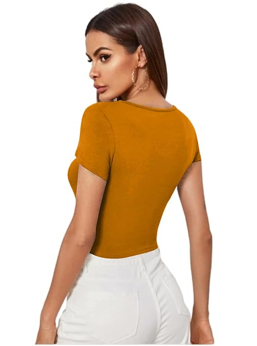 Women Short Sleeves Turmeric Yellow Crop Top - Image 2
