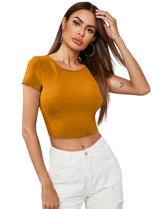 Women Short Sleeves Turmeric Yellow Crop Top