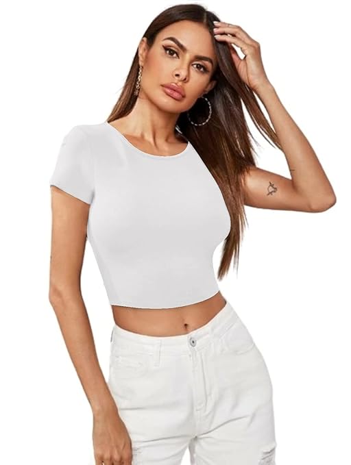 Women Short Sleeves Frost White Crop Top