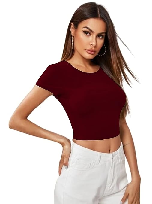 Women Short Sleeves Maroon Crop Top - Image 3