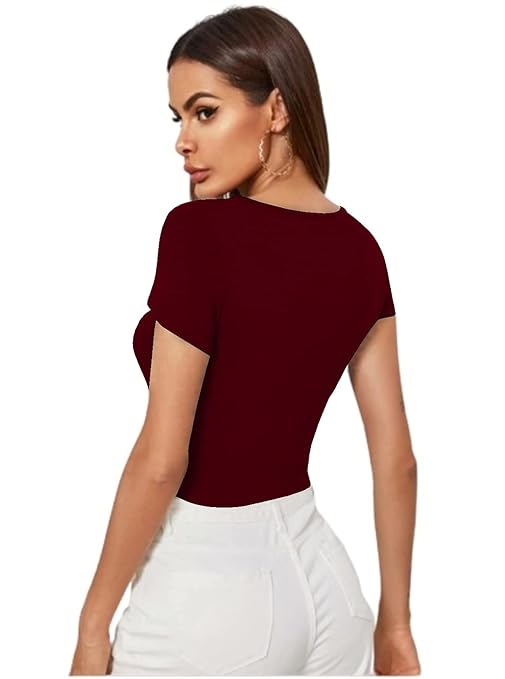 Women Short Sleeves Maroon Crop Top - Image 2