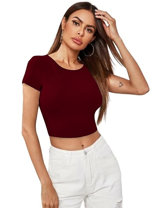 Women Short Sleeves Maroon Crop Top