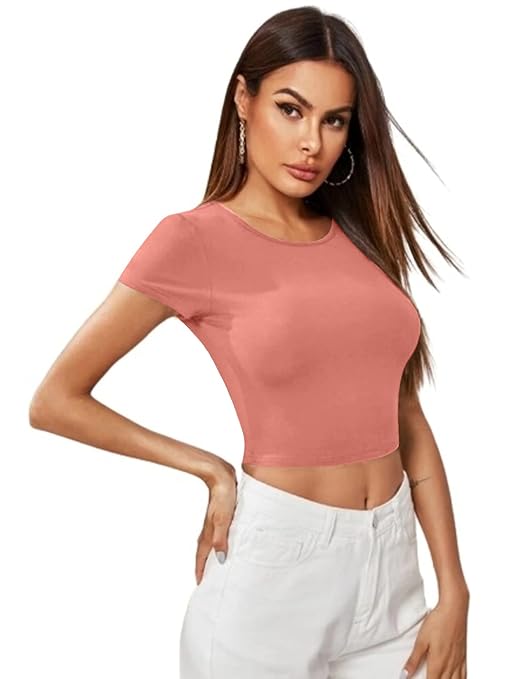 Women Short Sleeves Rose Peach Crop Top - Image 3
